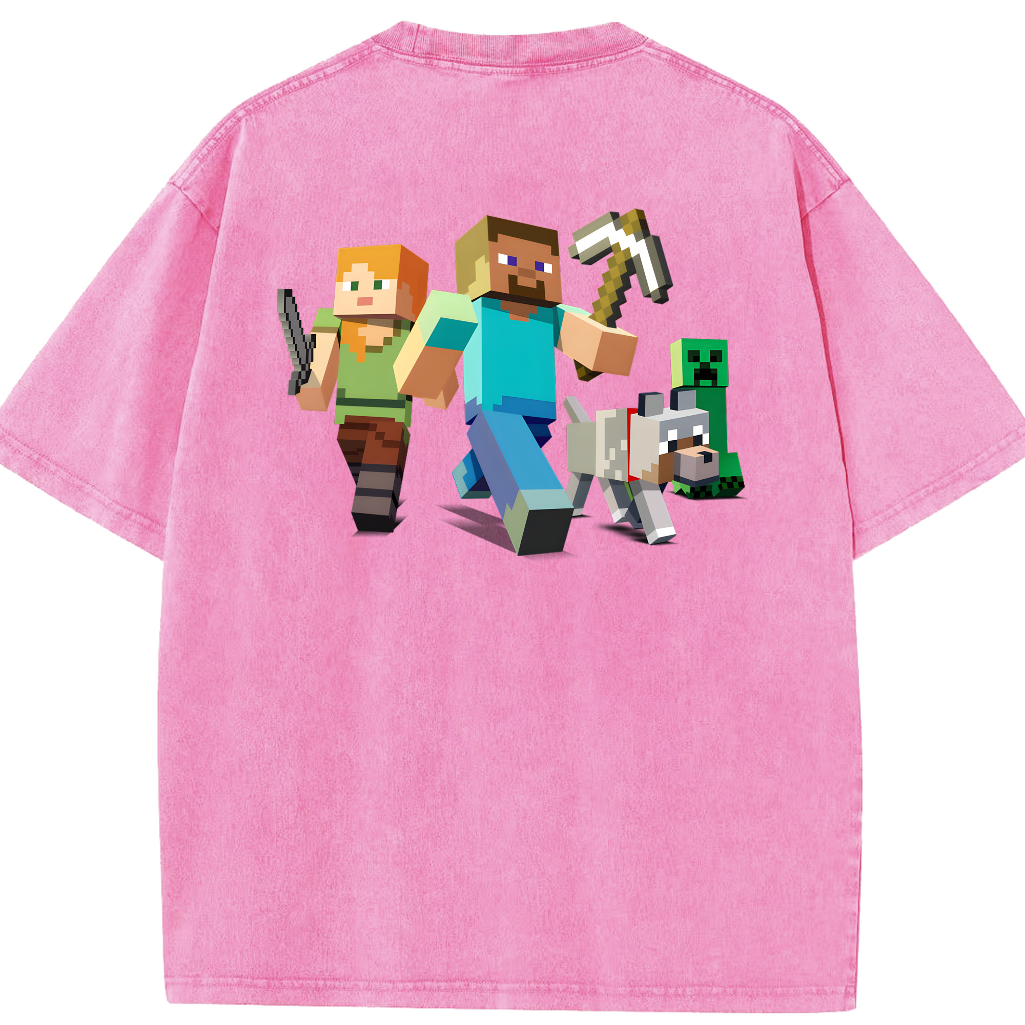 （画像用） マインクラフト ブロックの世界 Minecraft MC Block world 綿100% ヴィンテージ風 半袖Tシャツ（背面プリント）